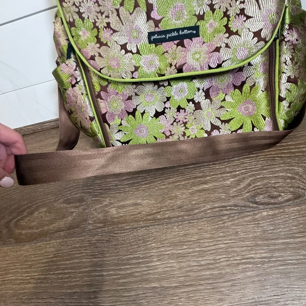 Petunia Pickle Bottom Boxy Backpack, Green Floral, Vintage, Shoulder Strap
